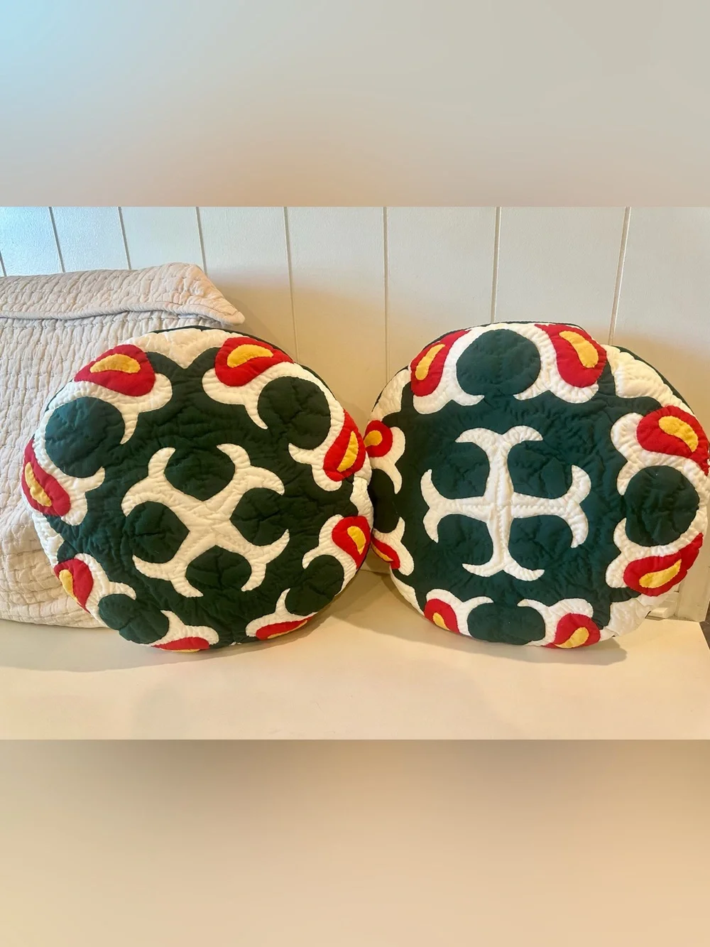 Handmade Quilted Round Quilted Throw Pillow Pair in Dark Green, White & Red